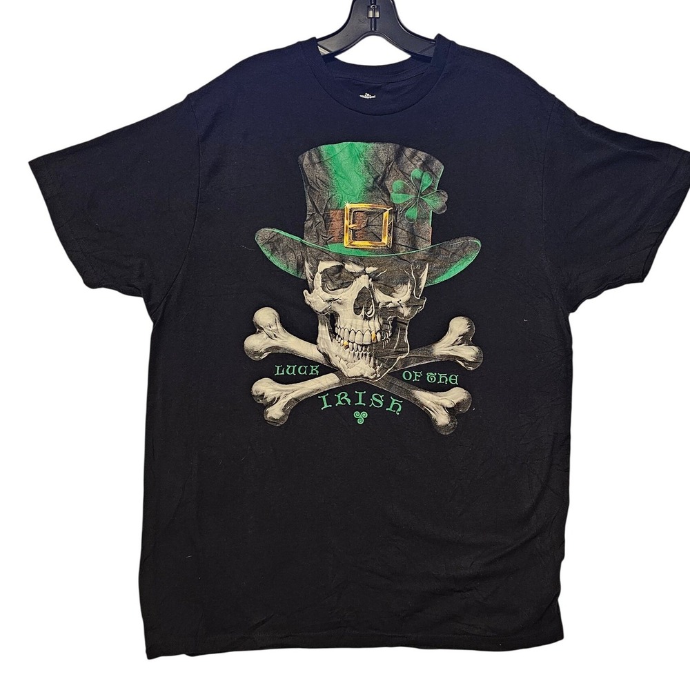 Way to Celebrate Mens St Patricks Day Skull Leprechaun Hat Graphic T-Shirt L Blk